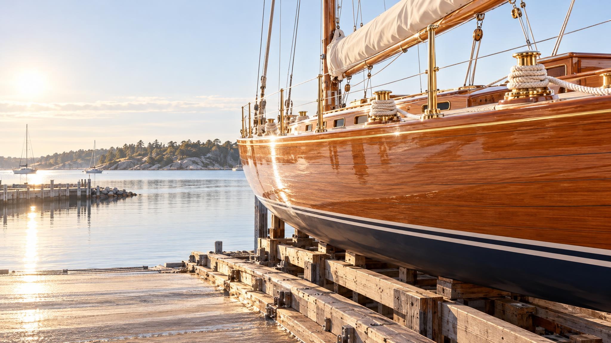 A newly built wooden yacht on a slipway at the water's edge in morning light