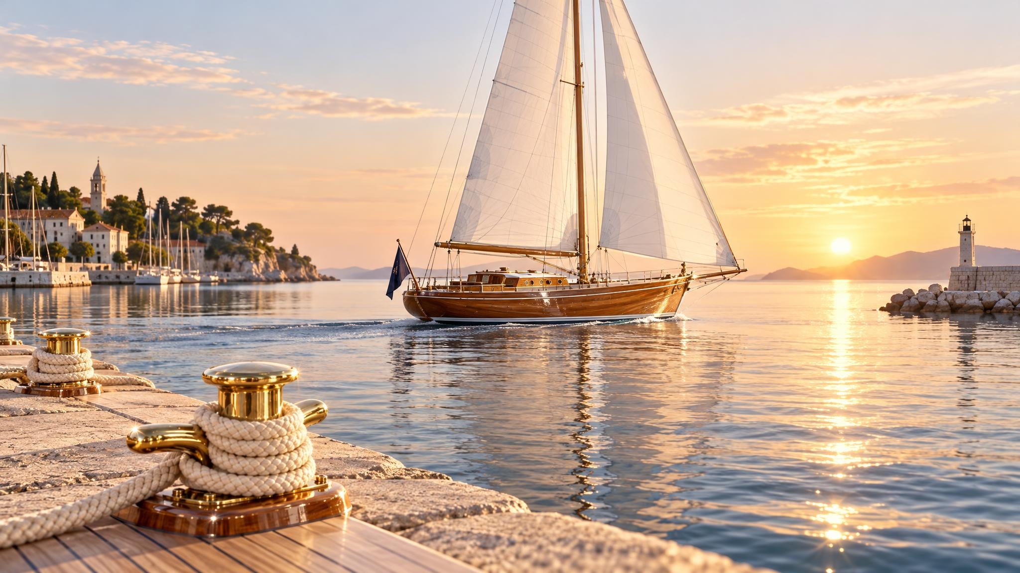 A classic wooden yacht leaving a calm harbour at sunrise, heading for open water
